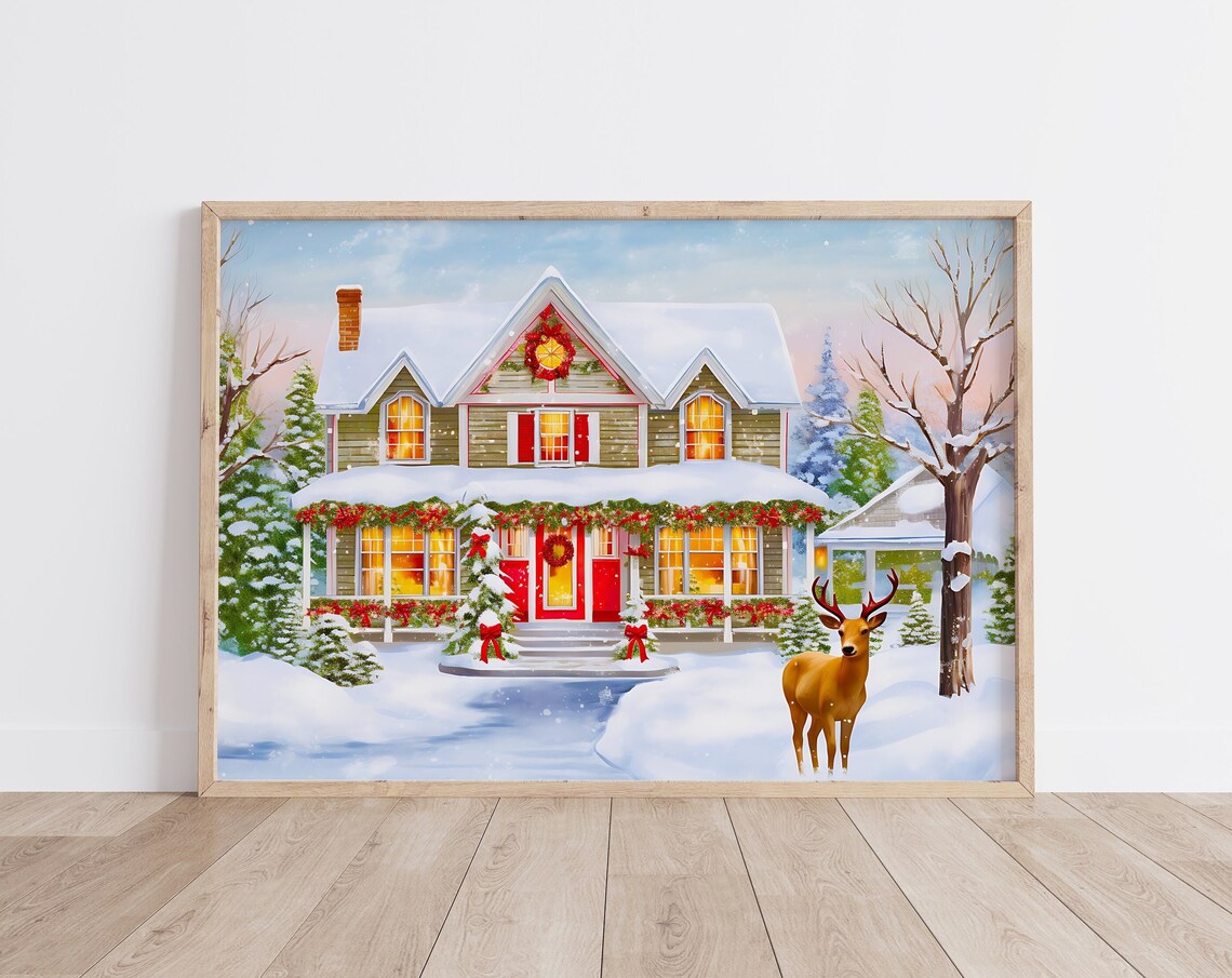 Farmhouse Christmas Winter Houses Art Print