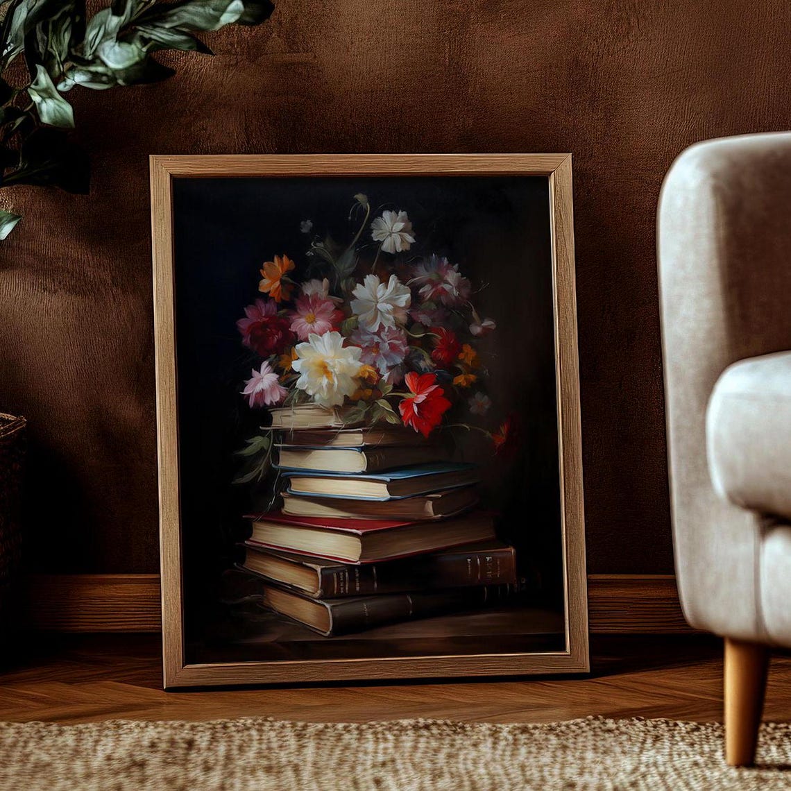 Moody Floral Still Life Flowers On Antique Book Stack Art Poster - Image 3