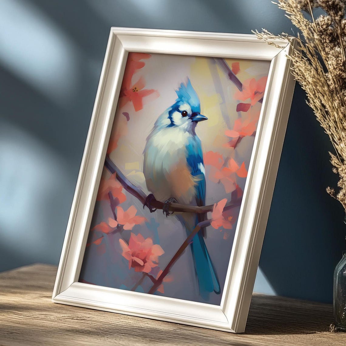 Blue Jay Bird Coral Blossom Branch Charming Spring Bird Art Poster - Image 2