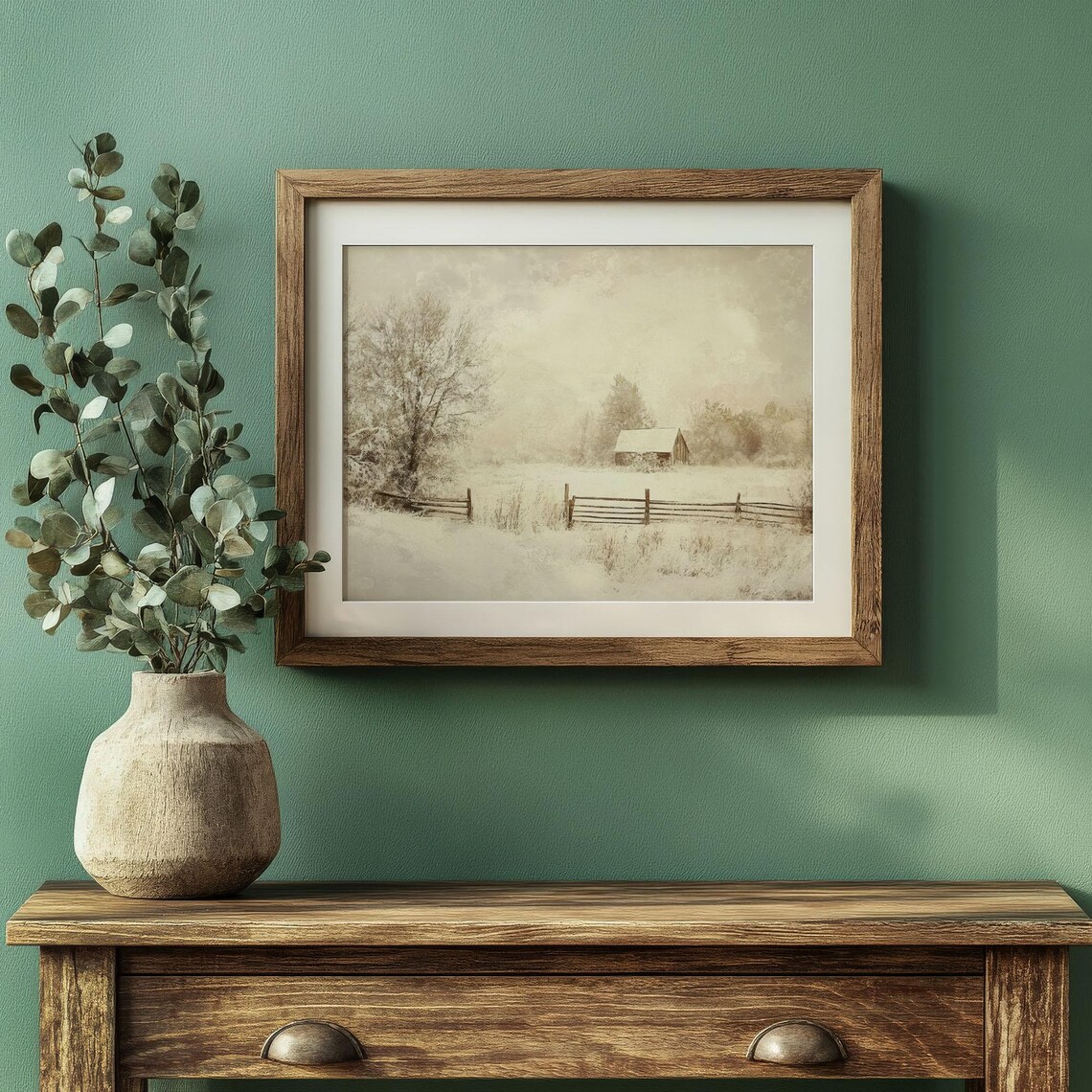 Sepia Winter Farm Barn Snowy Fence Vintage Rustic Countryside Poster - Image 2