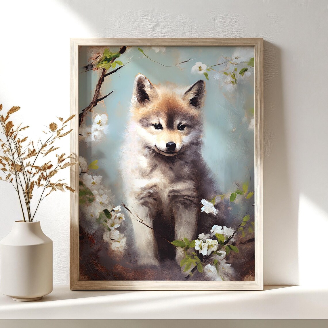 Baby Wolf Pup Blossom Painting Cute Nursery Animal Wall Decor Poster - Image 3