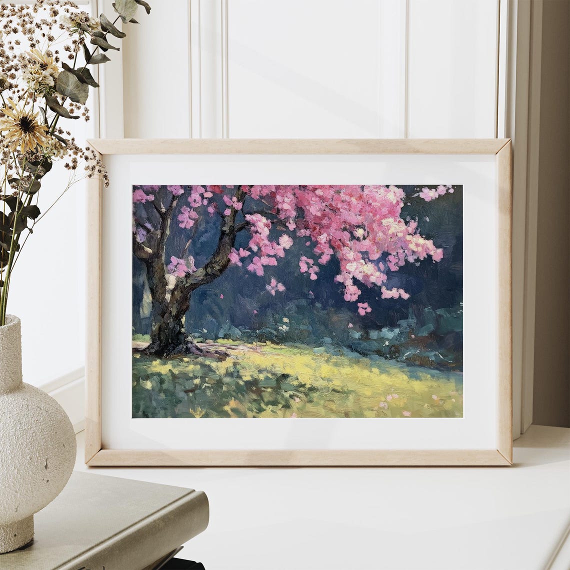 Pink Cherry Blossom Tree Night Scene Blooming Floral Garden Poster - Image 2