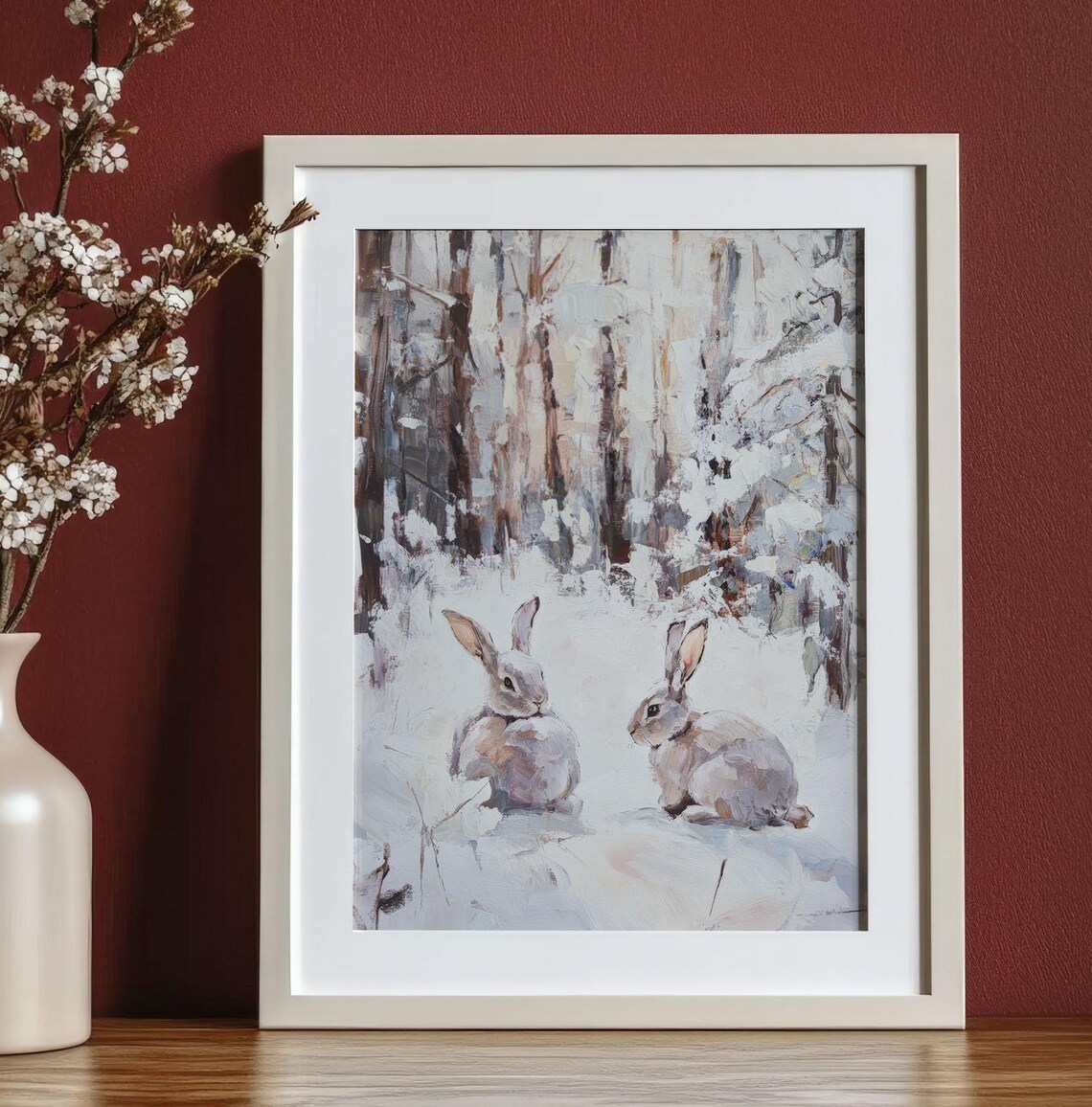 Two Rabbits Snowy Winter Forest Vintage Woodland Wildlife Poster - Image 3