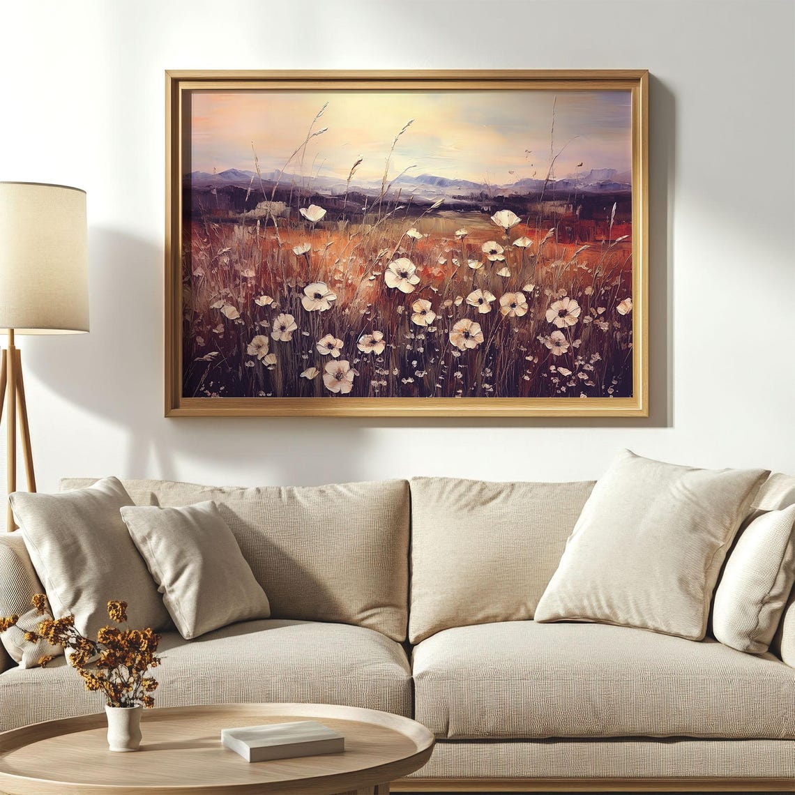 White Wildflower Field Sunset Painting Romantic Landscape Wall Poster - Image 3