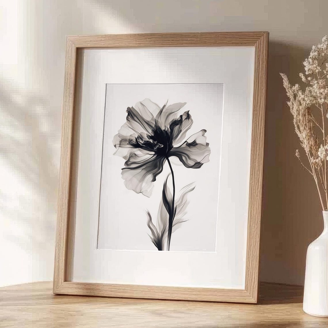 Black White Ink Flower Minimalist Monochrome Botanical Art Poster - Image 3