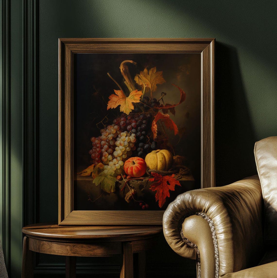 Fall Harvest Still Life Grapes Pumpkin Gourd Autumn Leaves Poster - Image 4