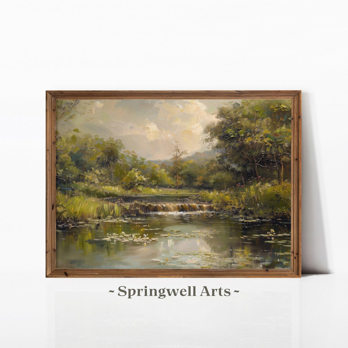 Serene River Waterfall Vintage Forest Stream Landscape Art Poster