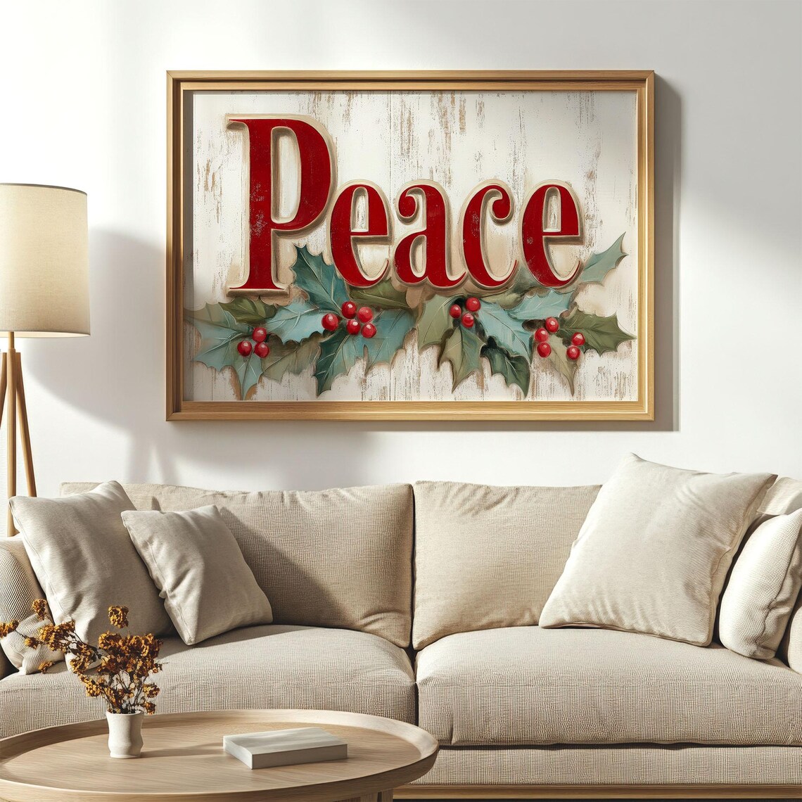 Vintage Christmas Peace Print with Holly Leaves - Image 2