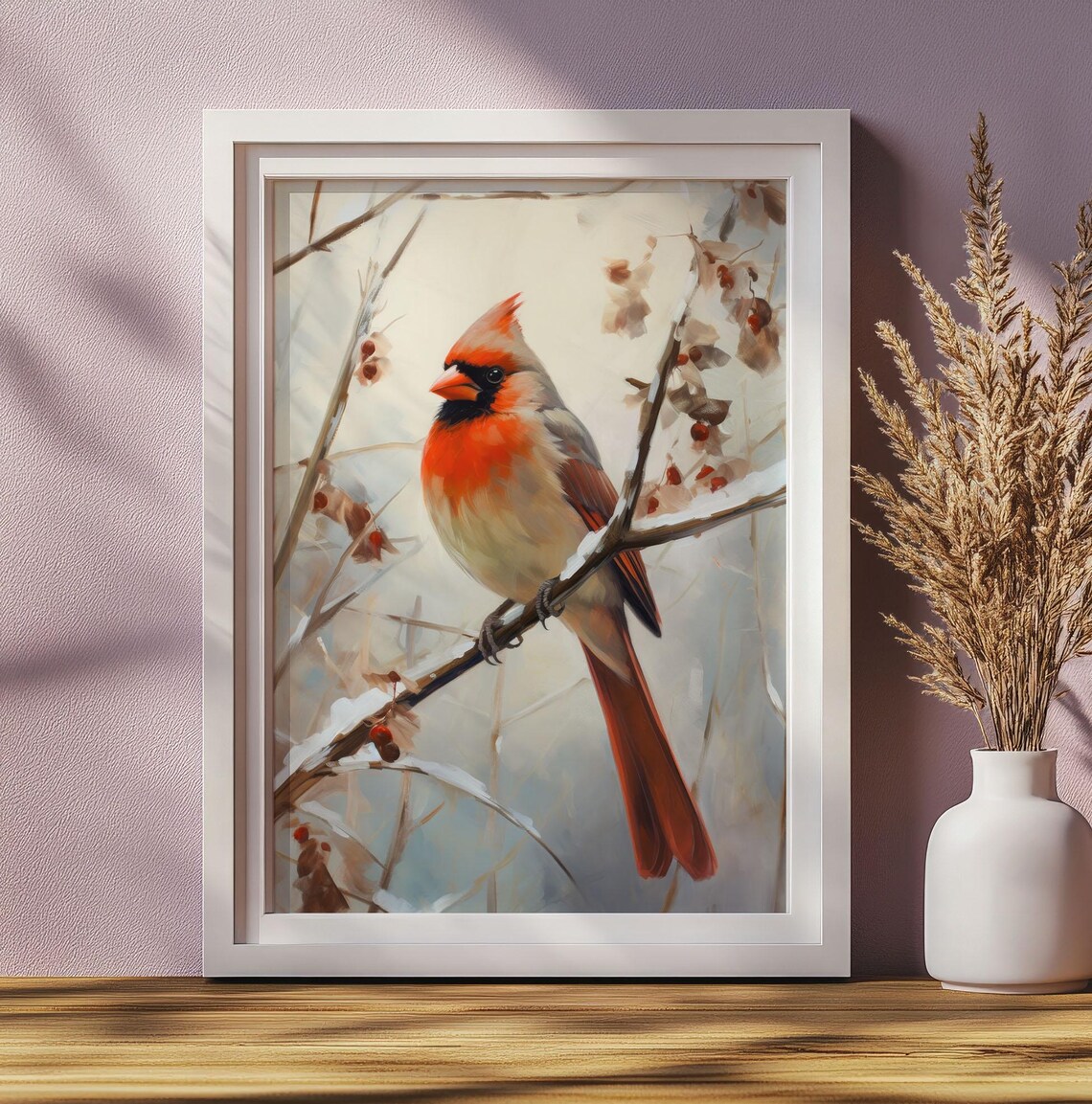 Red Cardinal Winter Snowy Branch Bird Painting Wildlife Art Poster - Image 2