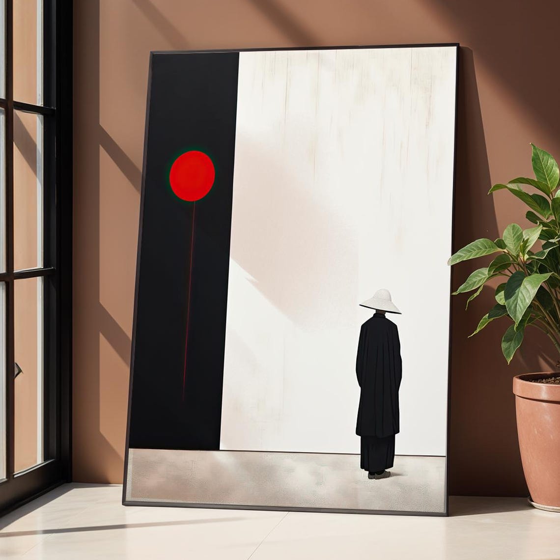 Minimalist Zen Figure With Red Sun Black and White Contrast Art Poster