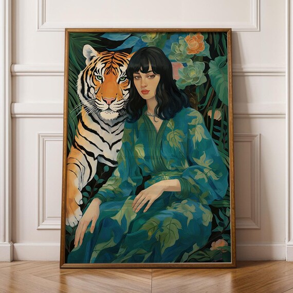 Jungle Woman Tiger Wall Art Mystical Botanical Portrait For Bedroom Or Office Fantasy Print