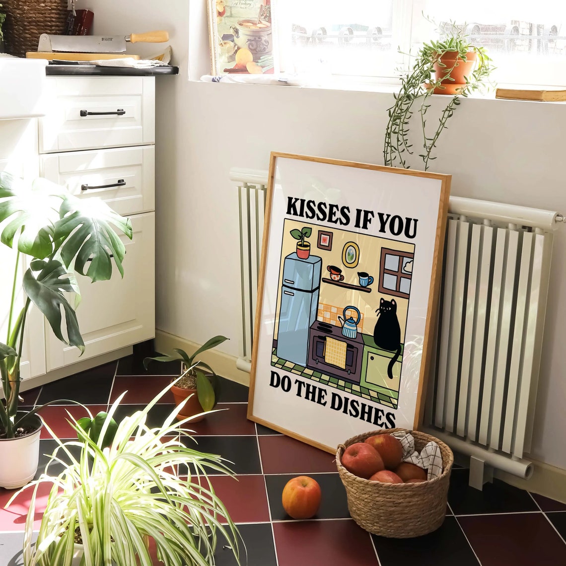 Funny Kisses If You Do the Dishes Black Cat Retro Kitchen Poster - Image 3