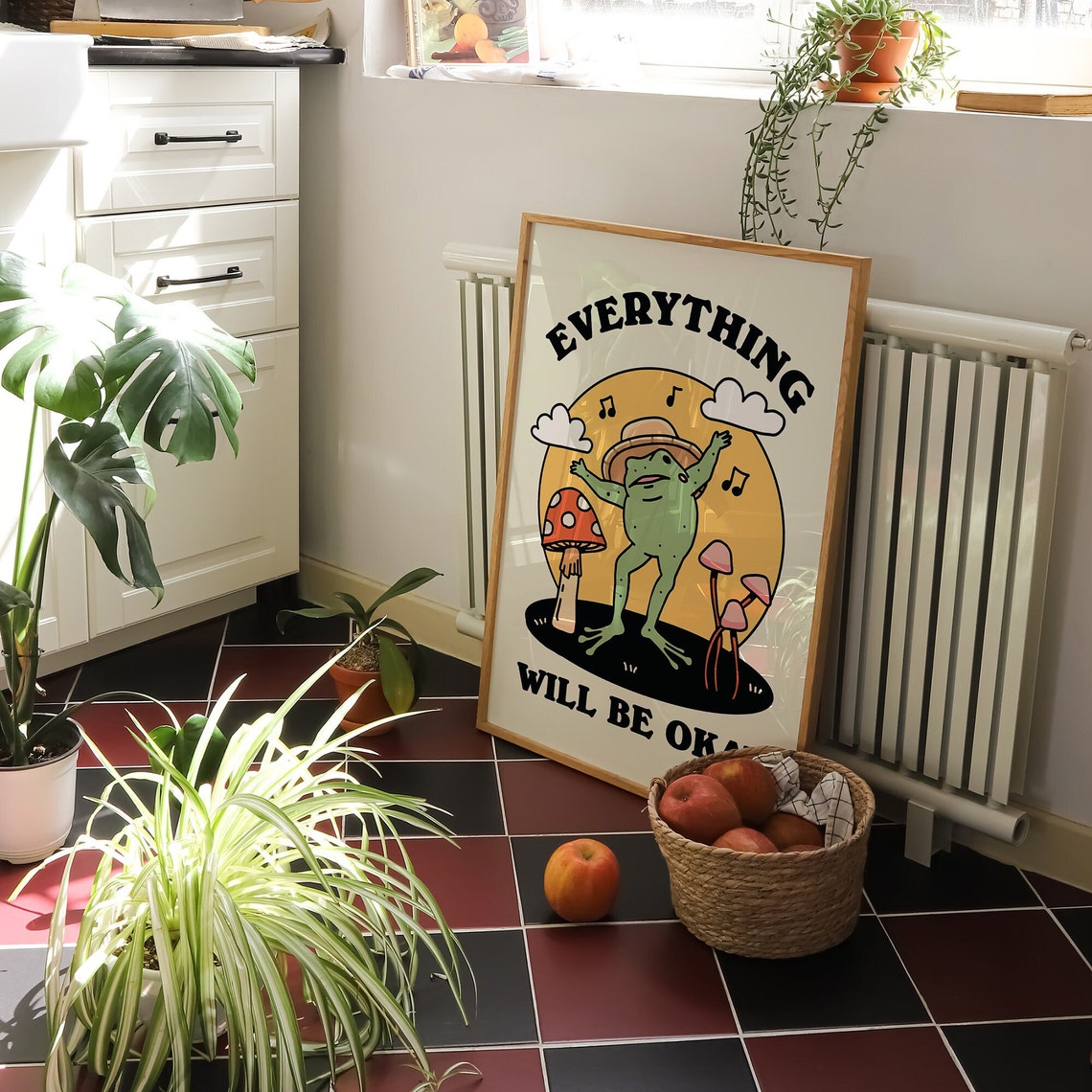 Everything Will Be Okay Cute Retro Dancing Frog Mushroom Poster - Image 2