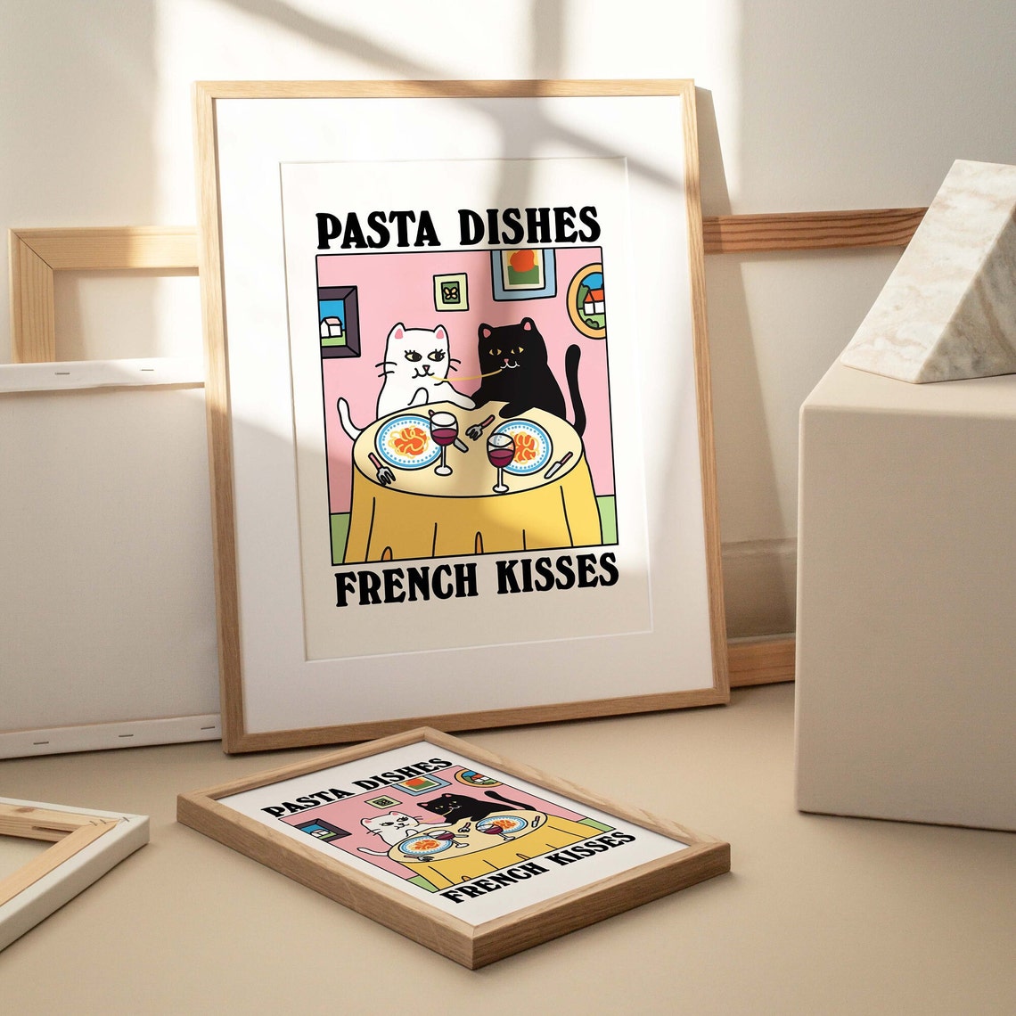 Pasta Dishes French Kisses Funny Cats Dinner Date Wall Art Print - Image 3