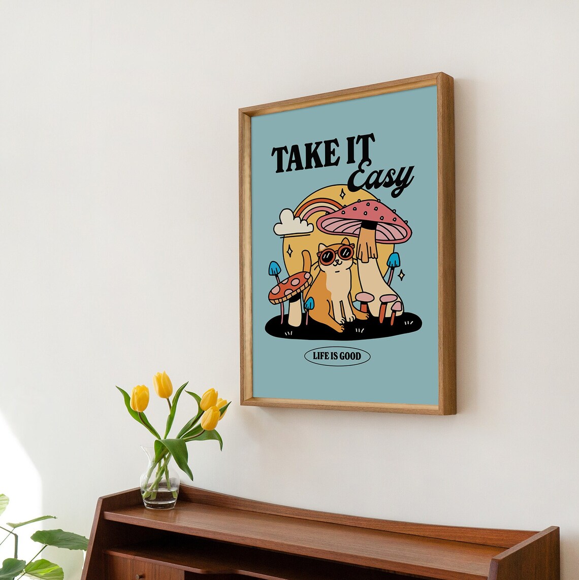 Colorful Cat Mushroom Take It Easy Quote Poster - Image 2