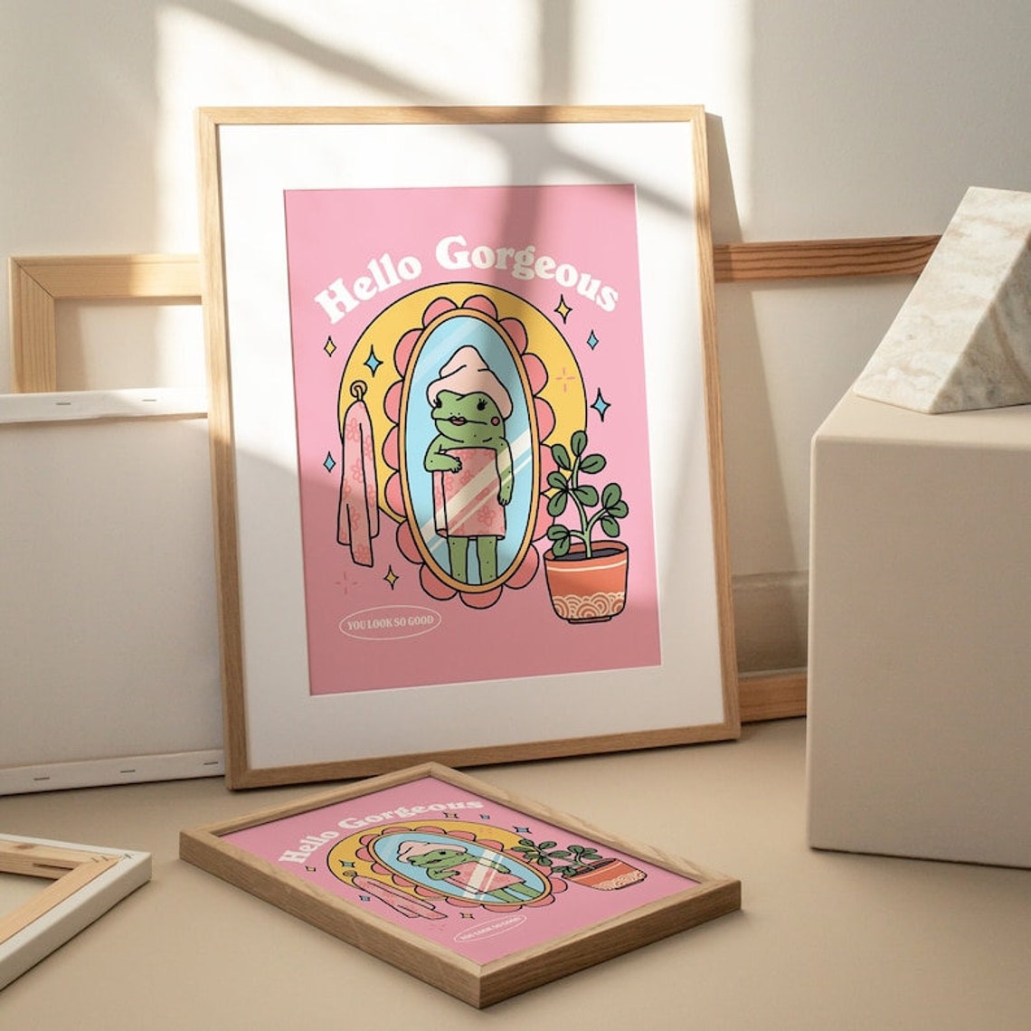Hello Gorgeous Pink Frog Mirror Selfie Y2K Girly Bathroom Poster - Image 2