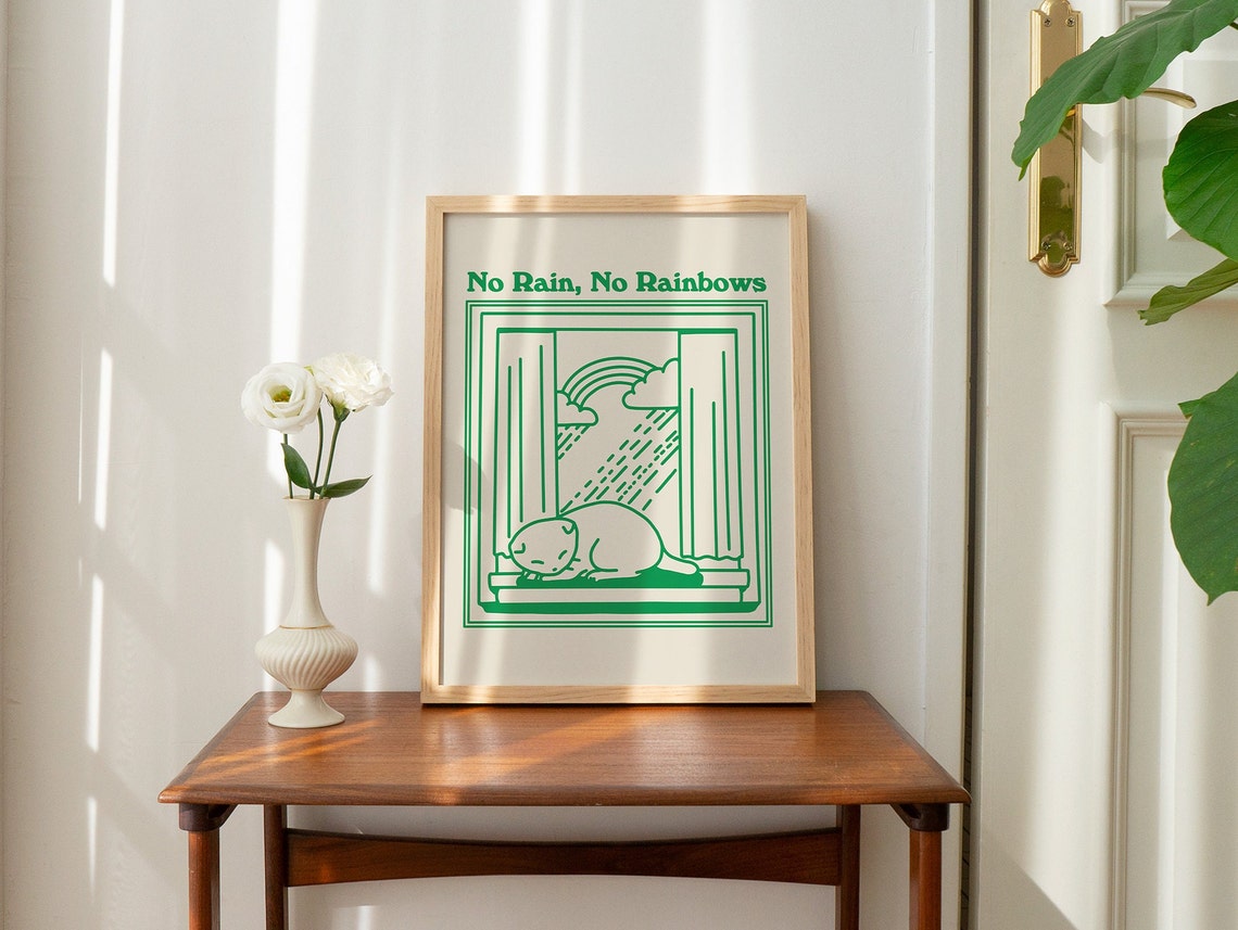 No Rain No Rainbows Minimalist Green Line Cat Window Quote Poster - Image 3