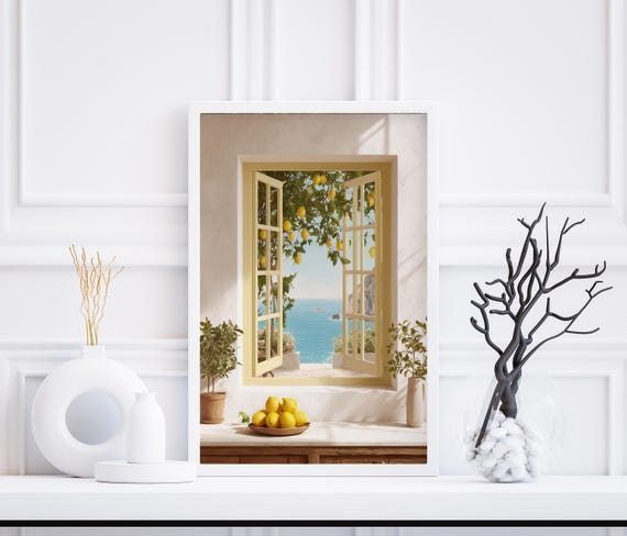Lemon Tree Window View Print Italian Coastal Wall Art