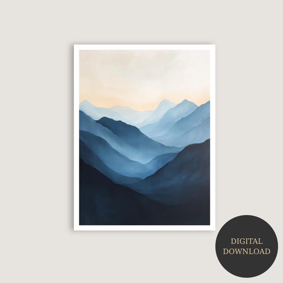 Minimalist Blue Mountain Abstract Landscape Art Pastel Wall Decor