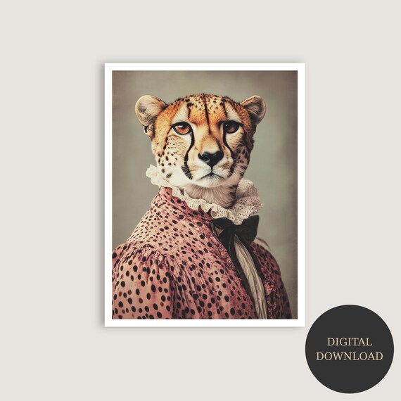 Elegant Cheetah Portrait Polka Dot Dress Animal Art