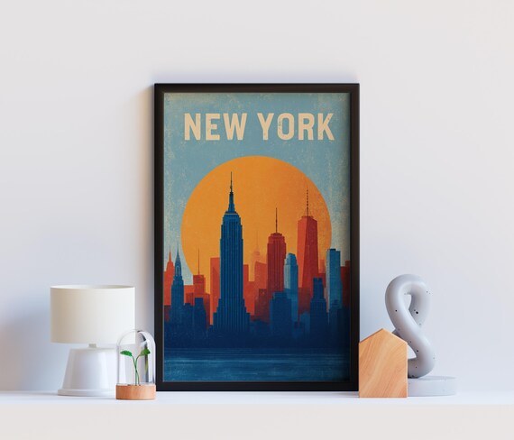 New York City Manhattan Skyline Sunset Vintage Travel Poster