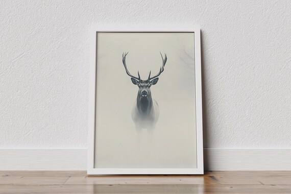 Stag In Fog Art Print Muted Forest Deer Poster