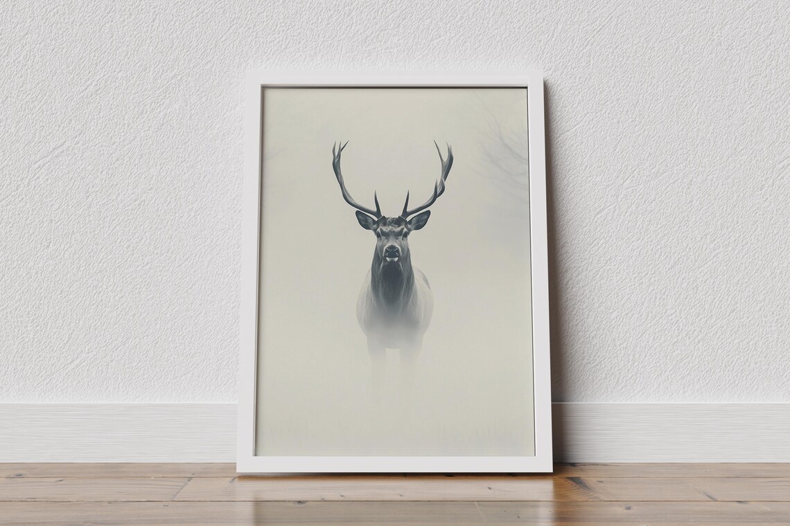 Stag In Fog Art Print Muted Forest Deer Poster