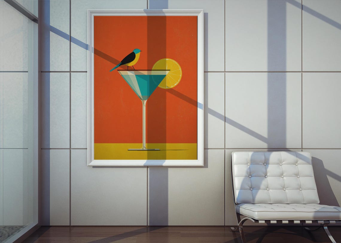 Mid Century Retro Bird on Martini Glass Orange Cocktail Poster