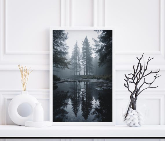 Misty Forest Reflection Art Serene Landscape Calm Lake Home Wall Decor