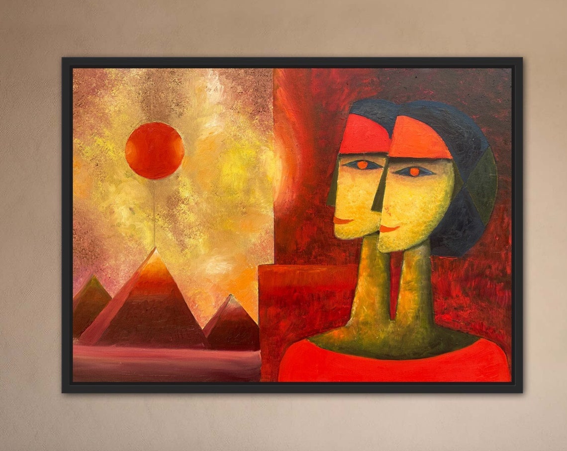 Mystic Red Sun Over Pyramids Abstract Desert Faces Painting Poster