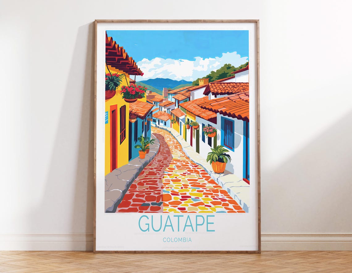 Guatape Colombia Colorful Cobblestone Street Travel Art Poster