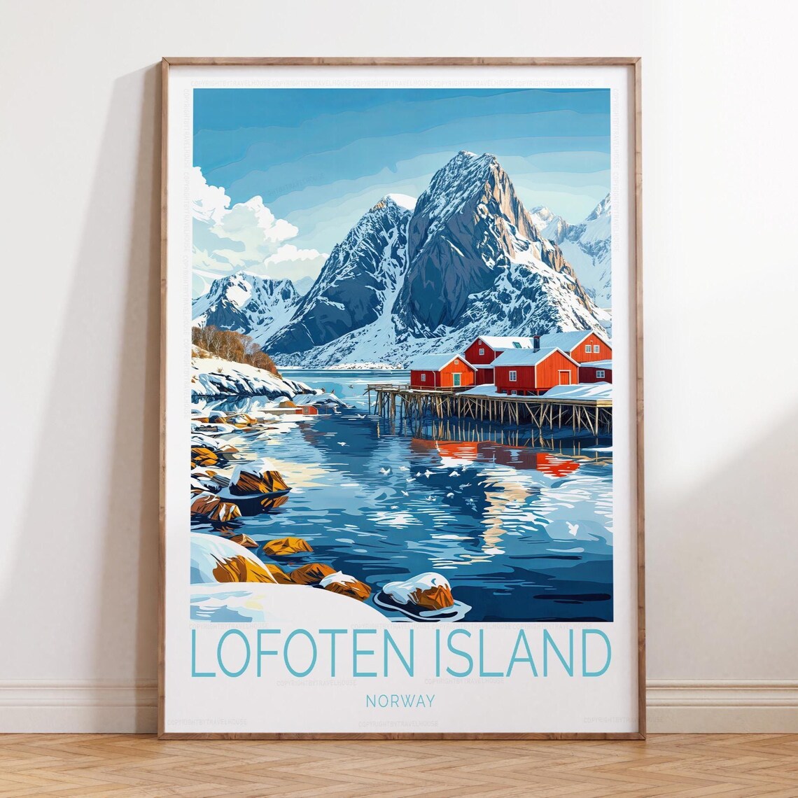 Lofoten Island Norway Snowy Winter Arctic Peaks Red Cabins Poster