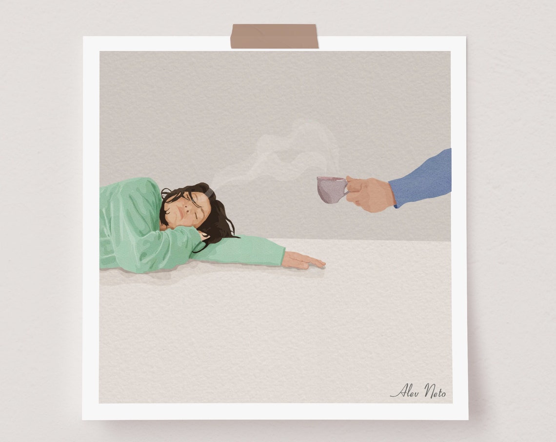 Tired Woman Offered a Steaming Coffee in a Funny Morning Poster
