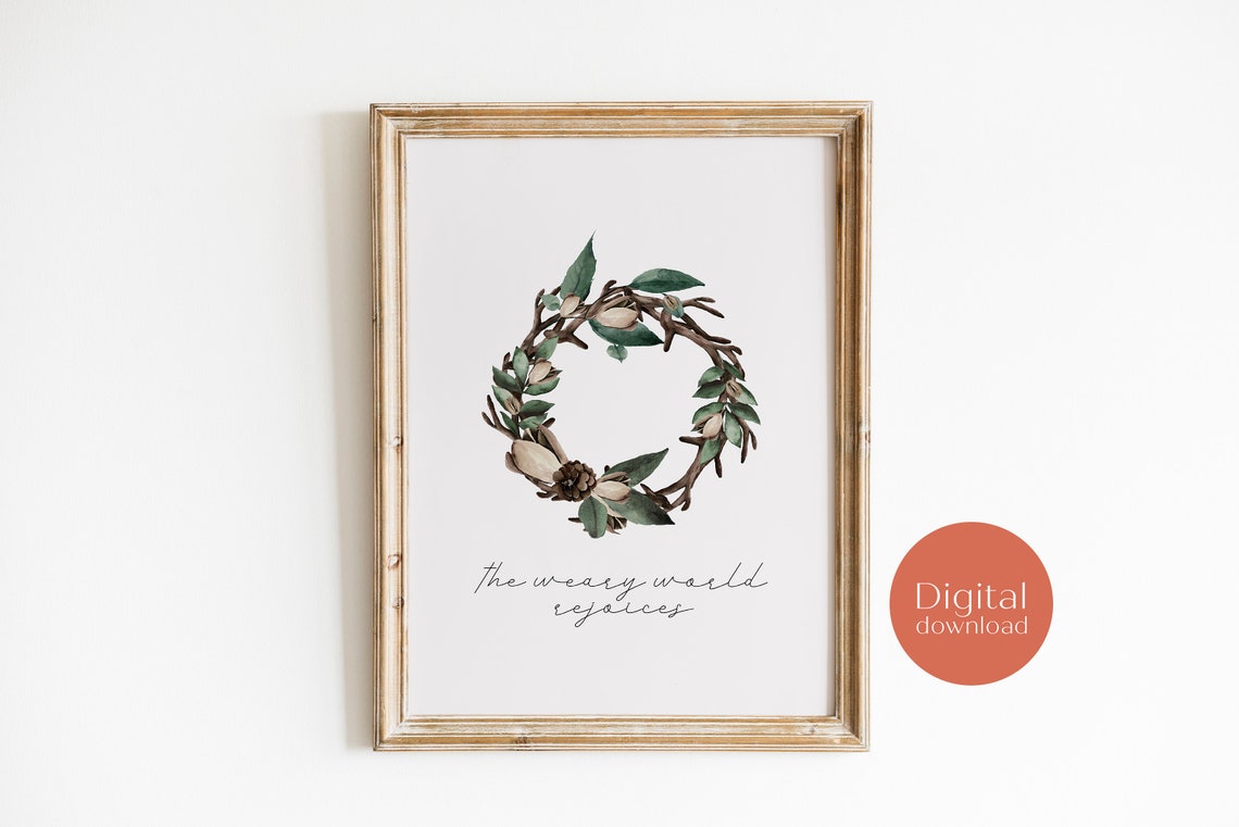 The Weary World Rejoices Christmas Wreath Print Holiday Wall Art Deco Farmhouse Christmas Wall Deco Vintage Christmas Wall Art - Image 3