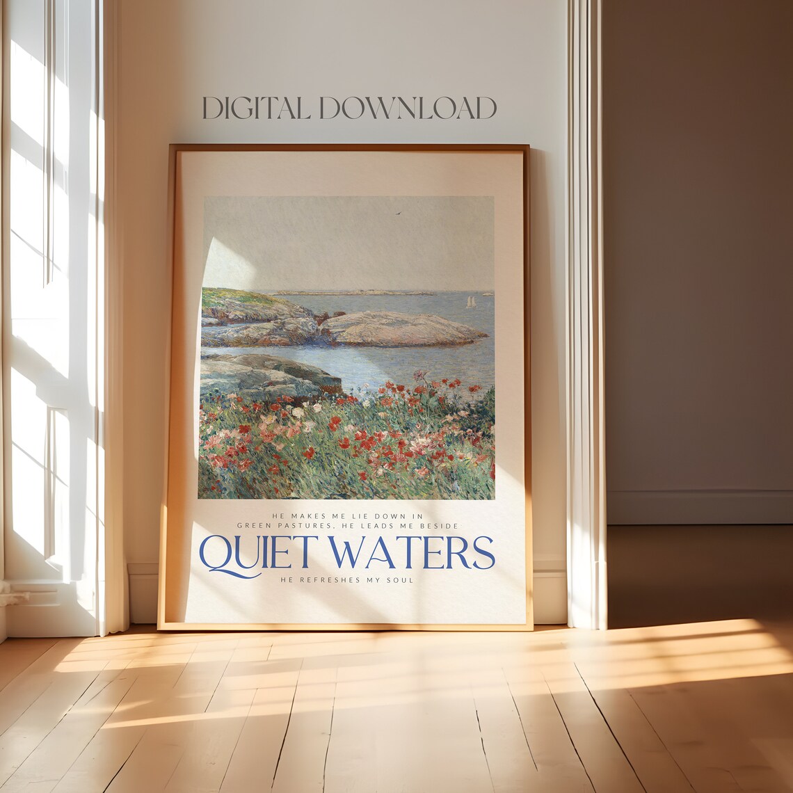 Quiet Waters Psalm 23 Coastal Rocky Shore Watercolor Christian Bible Poster - Image 4