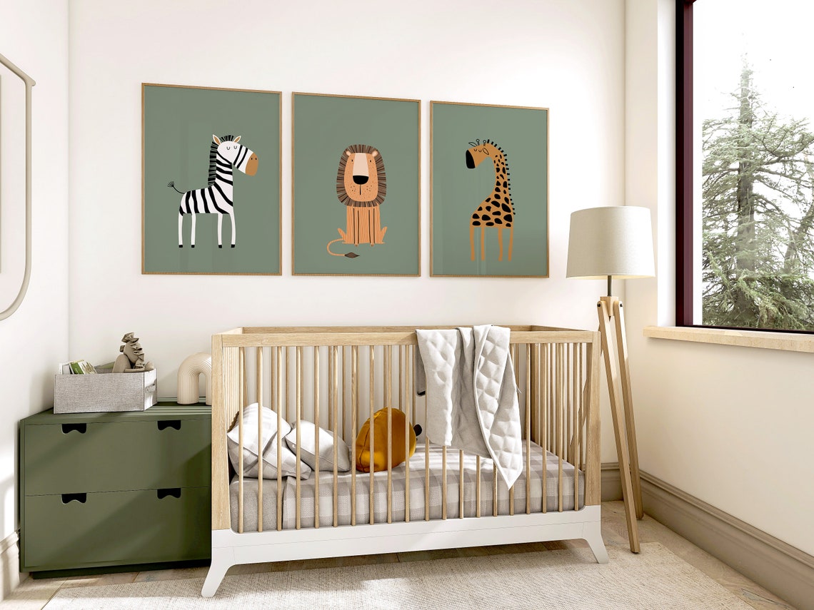 Cute Giraffe Nursery Sage Green Safari Animal Bedroom Poster - Image 2