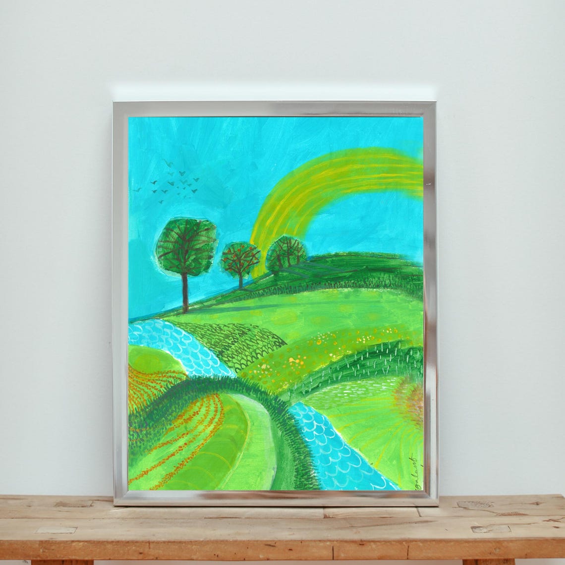 Charming Folk Art Landscape Green Hills Winding River Poster