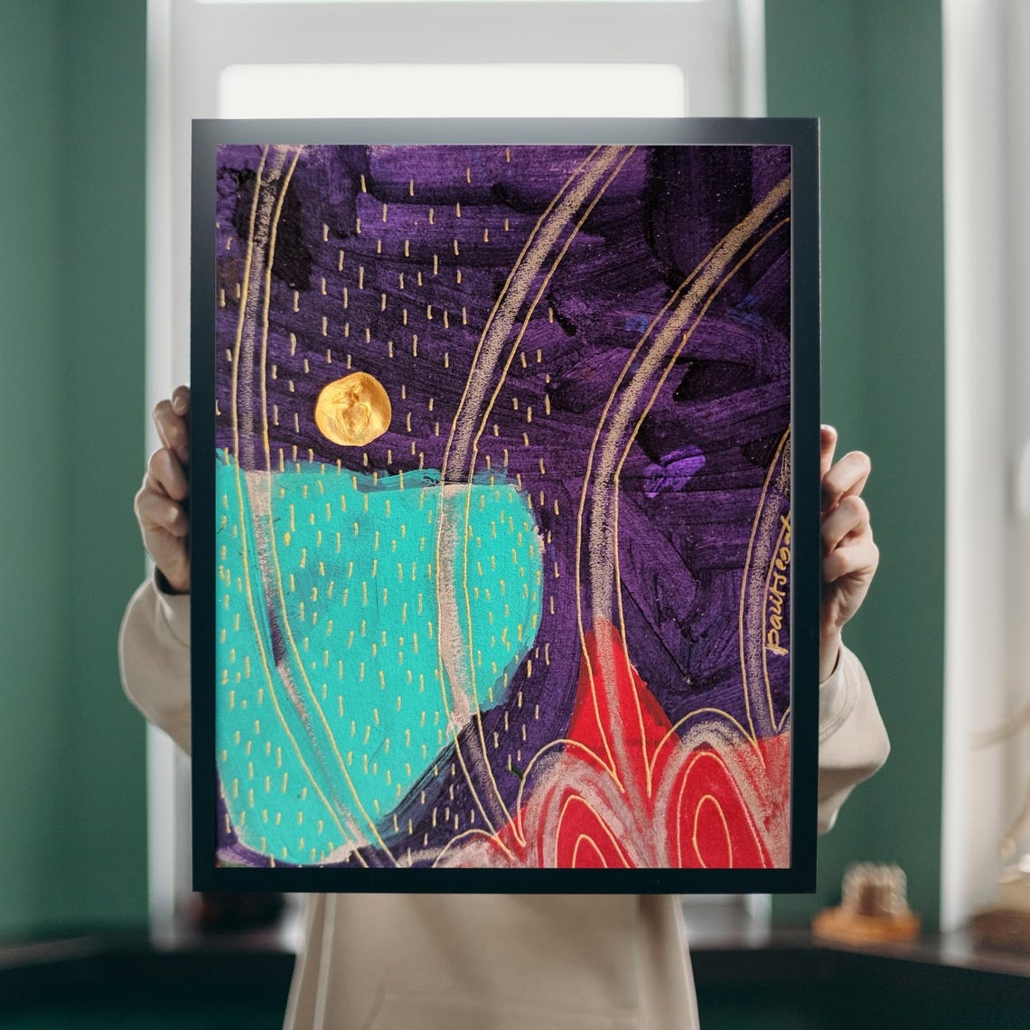 Gold Moon over Purple Night Sky Abstract Cosmic Swirls Art Poster