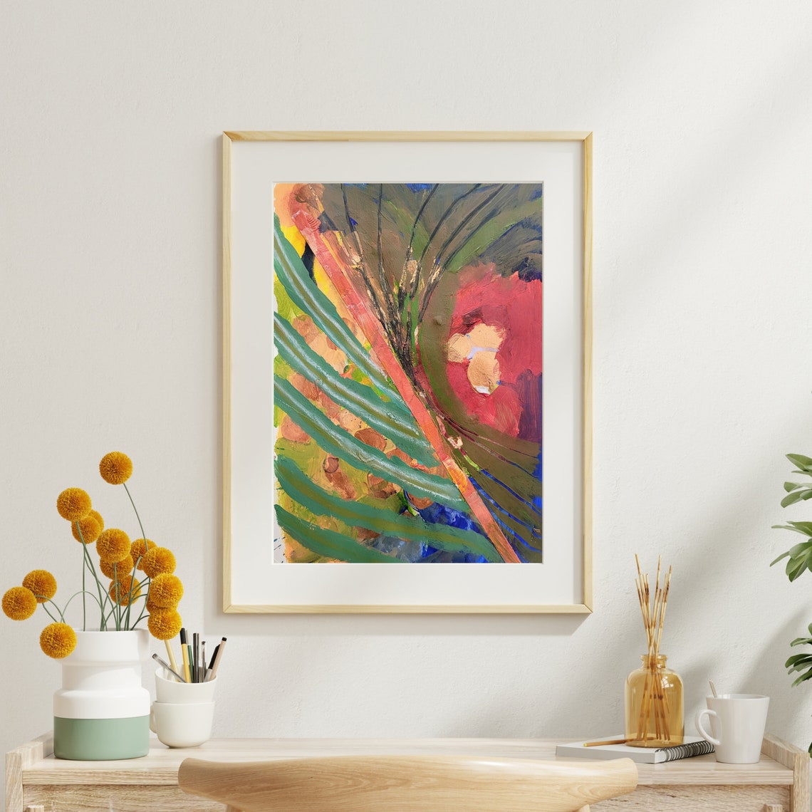 Diagonal Teal Palm Frond Across Fiery Red Gold Abstract Art Poster - Image 2