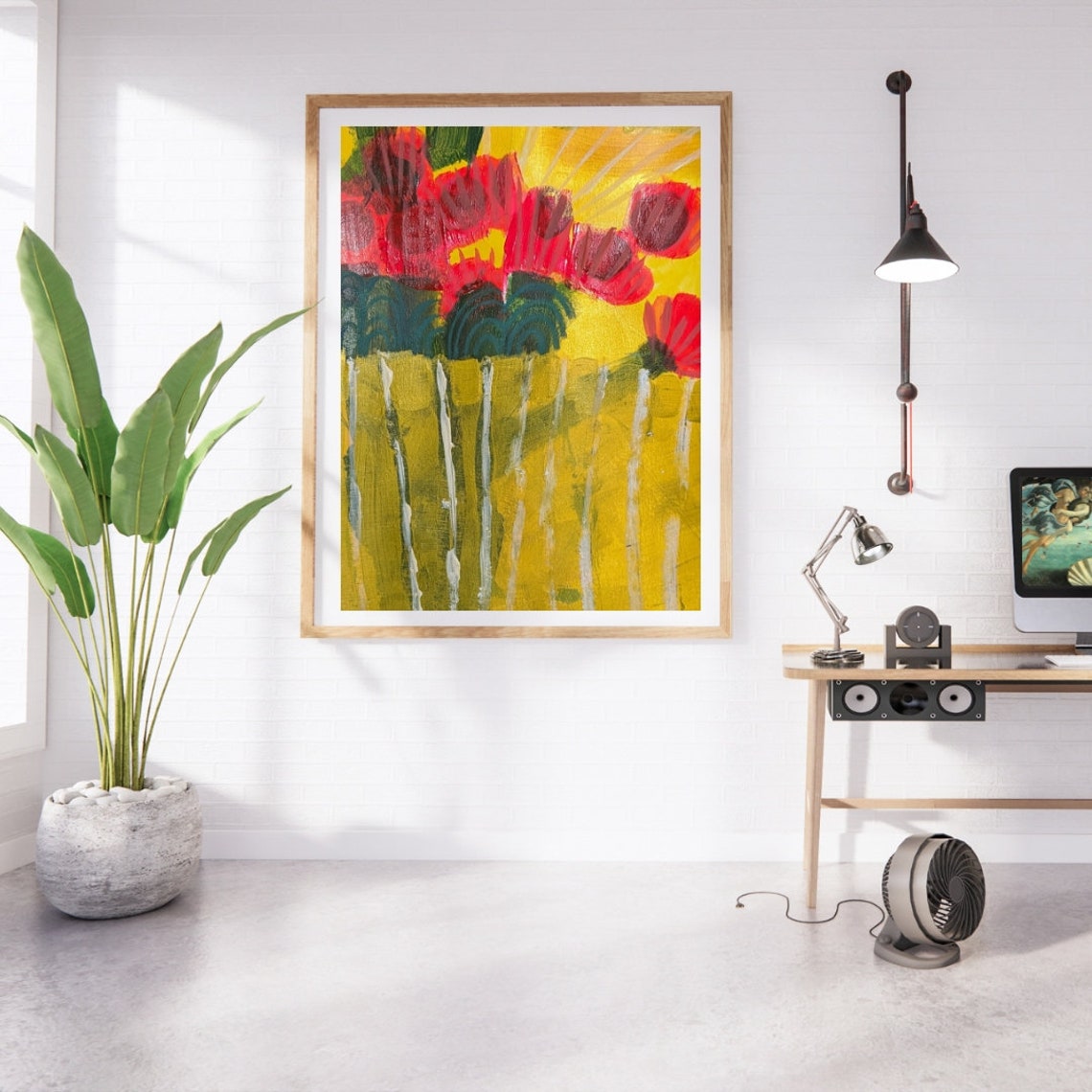 Fiery Red Blooms on Glowing Mustard Yellow Abstract Floral Art Poster - Image 2