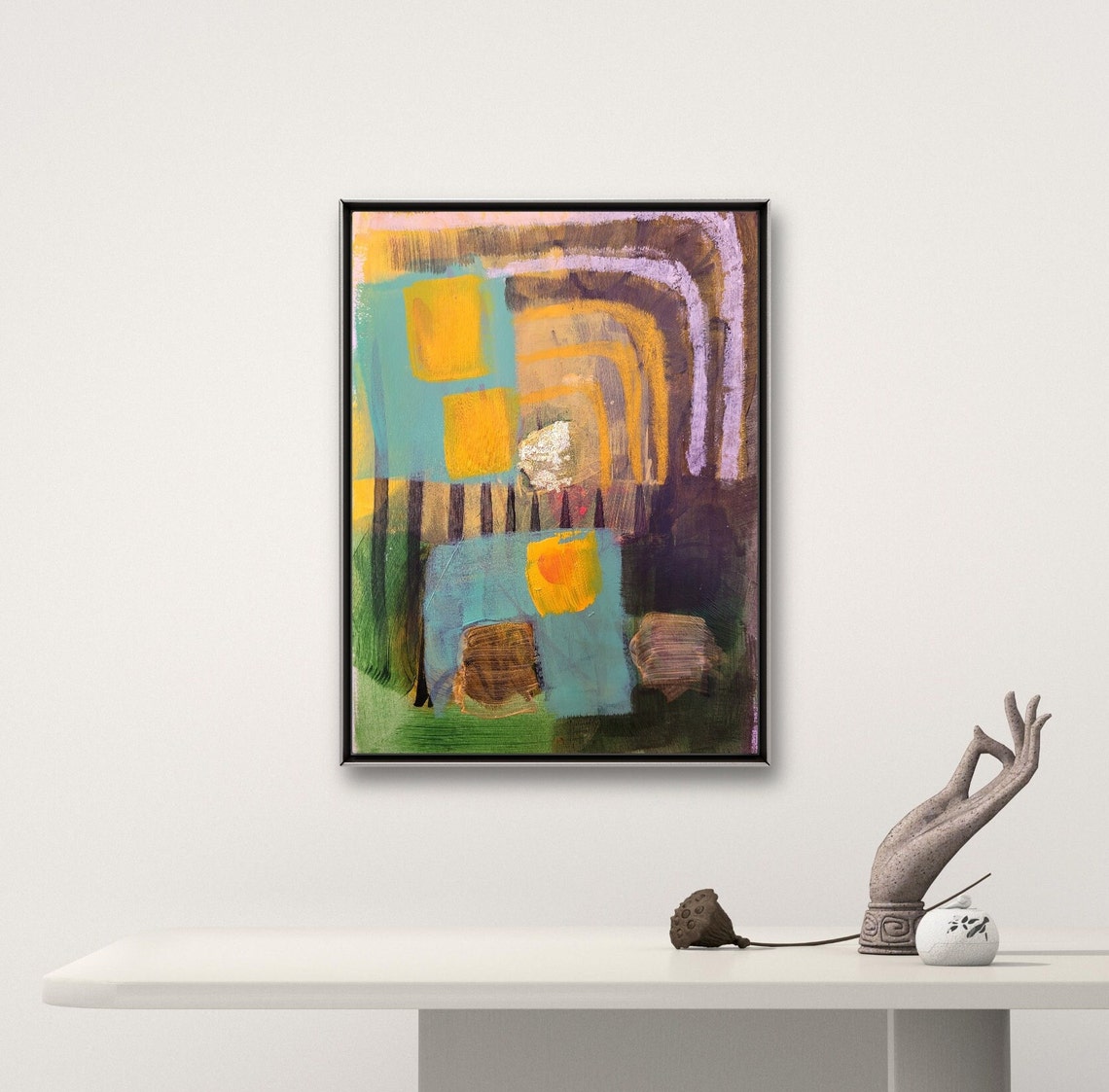 Teal and Yellow Layered Archways Moody Abstract Modern Art Poster - Image 3