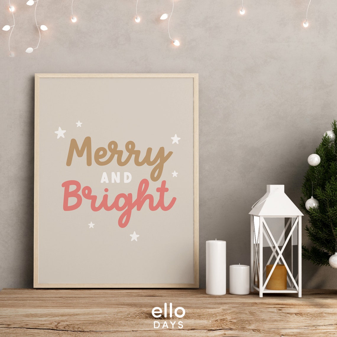 Merry and Bright Beige Minimalist Star Holiday Christmas Poster