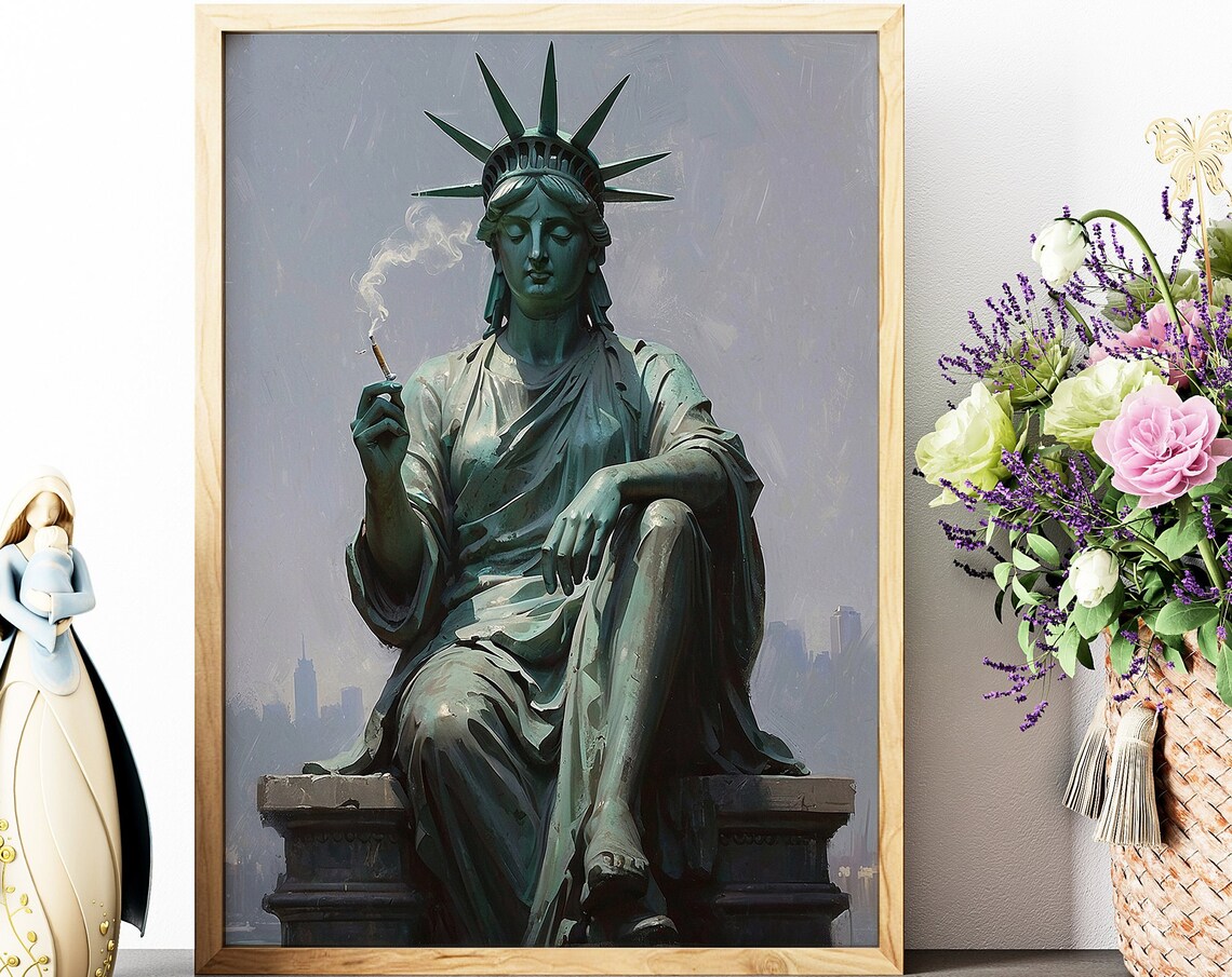 Statue of Liberty Smoking Cigarette Funny NYC Parody Painting Wall Art