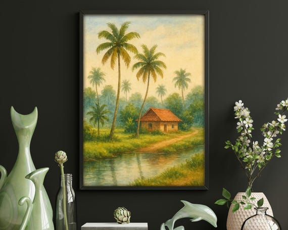 Tropical Riverside Cottage Watercolor Landscape