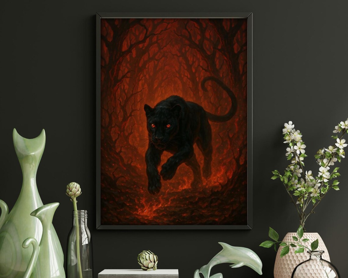 Fierce Panther in Fiery Forest, Dark Fantasy Art - Image 2