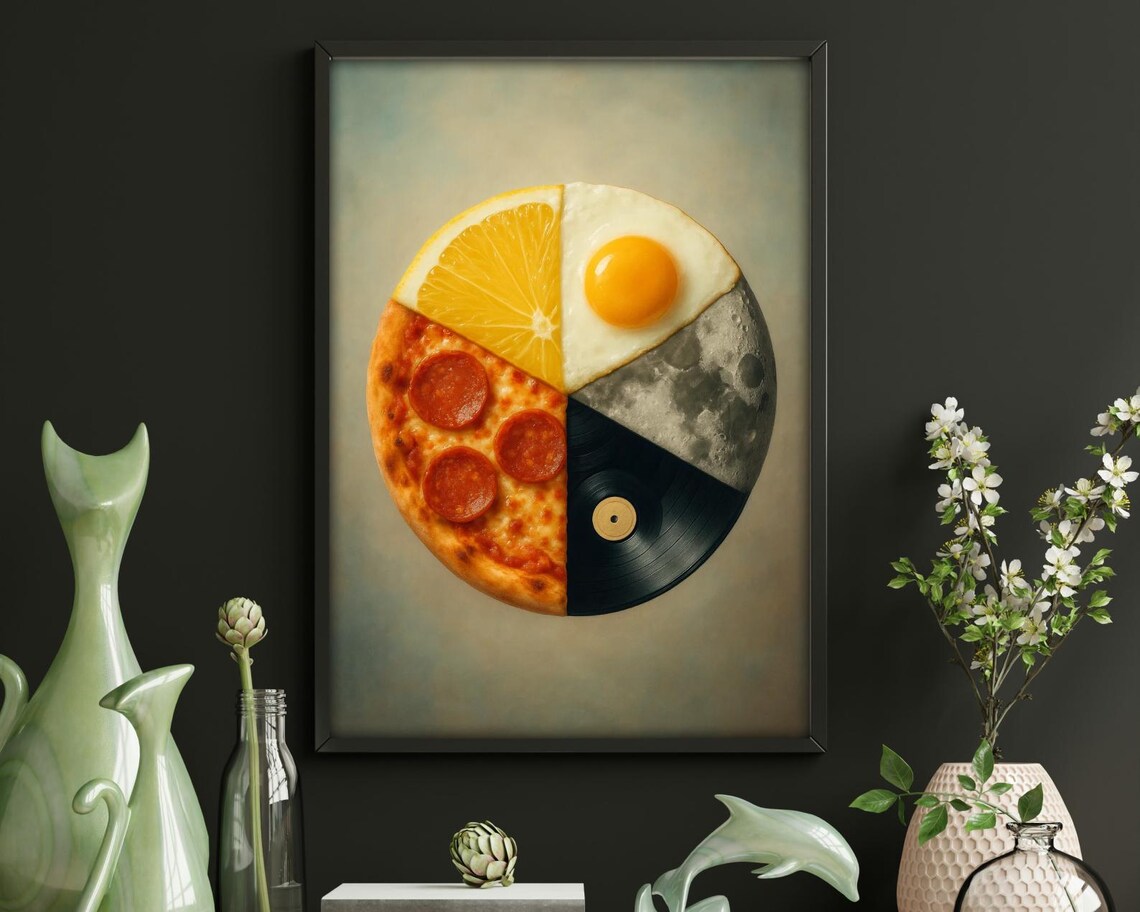 Surreal Food Space Collage, Whimsical Modern Poster