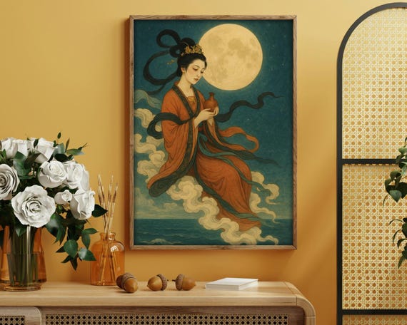 Chinese Moon Goddess Art Print, Celestial Illustration