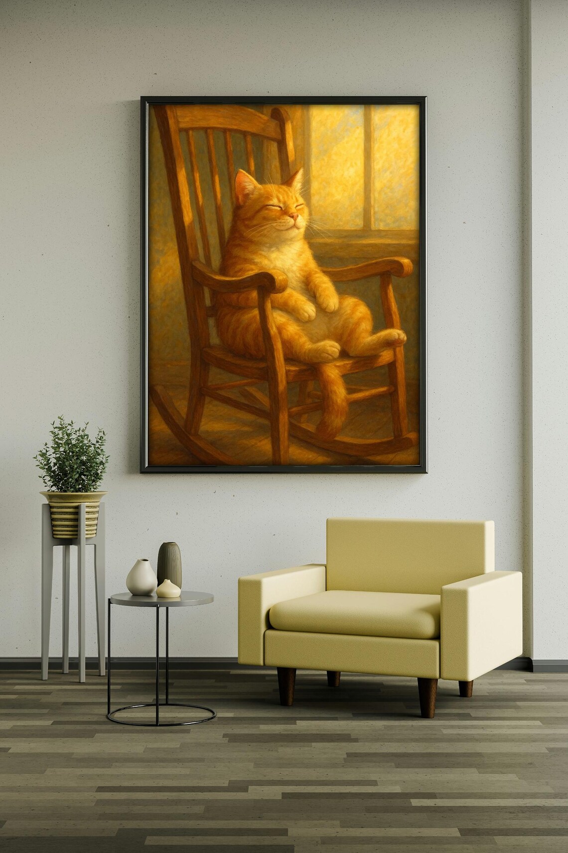 Sunbathing Cat In Rocking Chair, Cozy Vintage Animal Art - Image 2