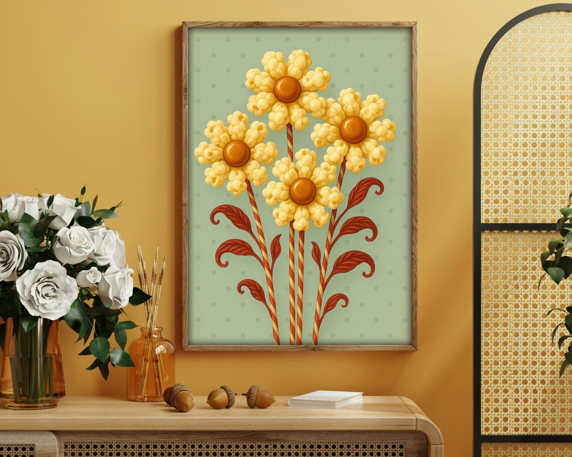 Popcorn Candy Flowers Retro Kitchen Art Print - Image 4