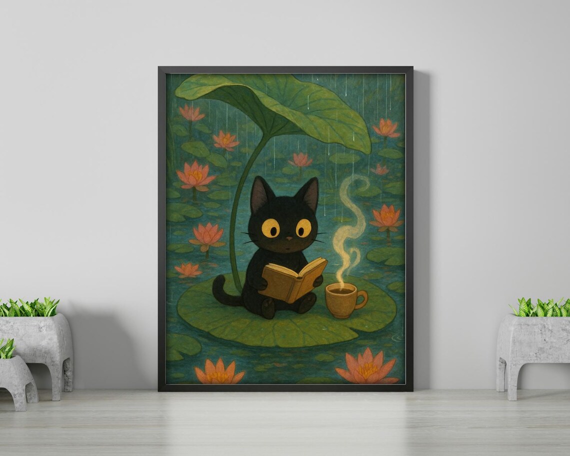 Black Cat Under Lily Pad - Rainy Day Art - Image 2